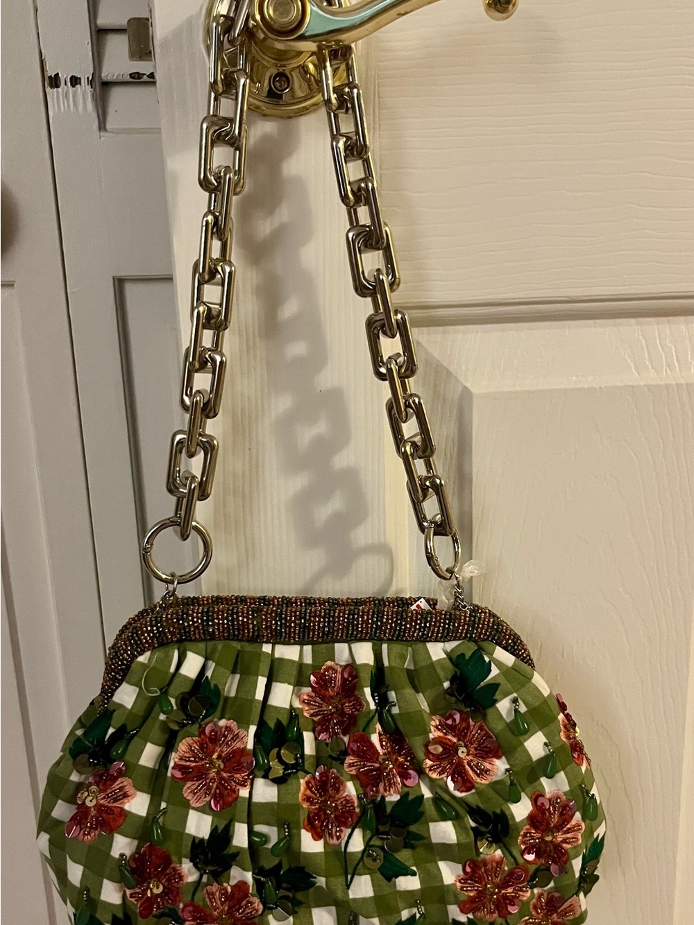 Green Floral Beaded Chain-Handle Women’s Handbag
